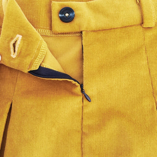 Close up of zip detail in the Desdemona Dirndl Skirt Sewing Pattern in ochre stretch needlecord