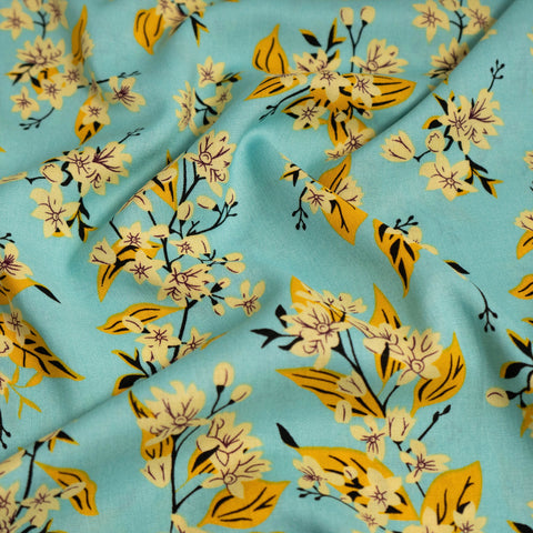 Aqua Floral Print 100% Viscose Fabric Remnant