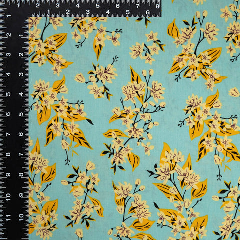 Aqua Floral Print 100% Viscose Fabric Remnant