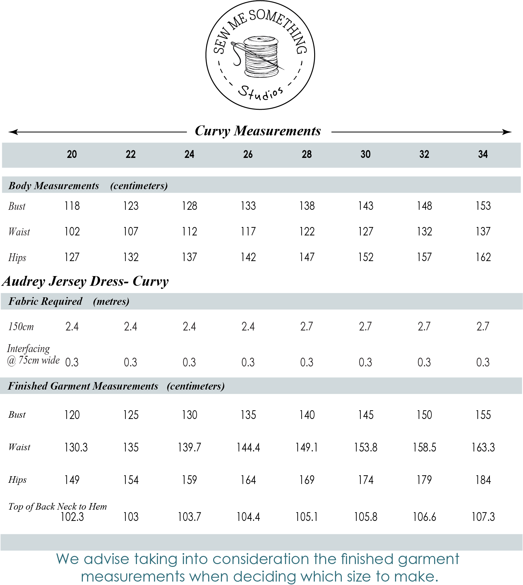 Audrey Jersey Dress - Curvy - Measurement Chart