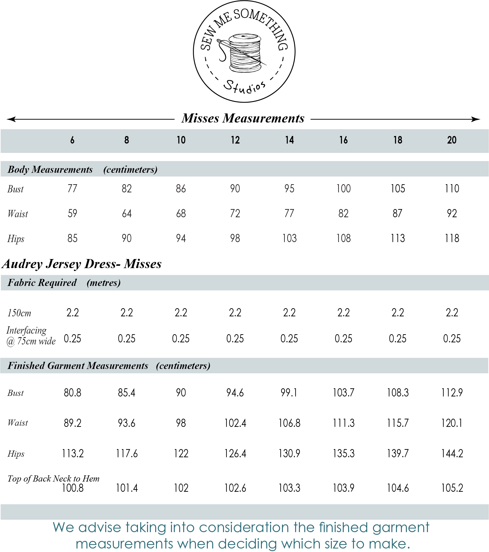 Audrey Jersey Dress - Misses - Measurement Chart