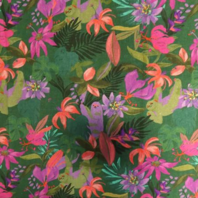Sloth Paradise Jade Chambray Fabric