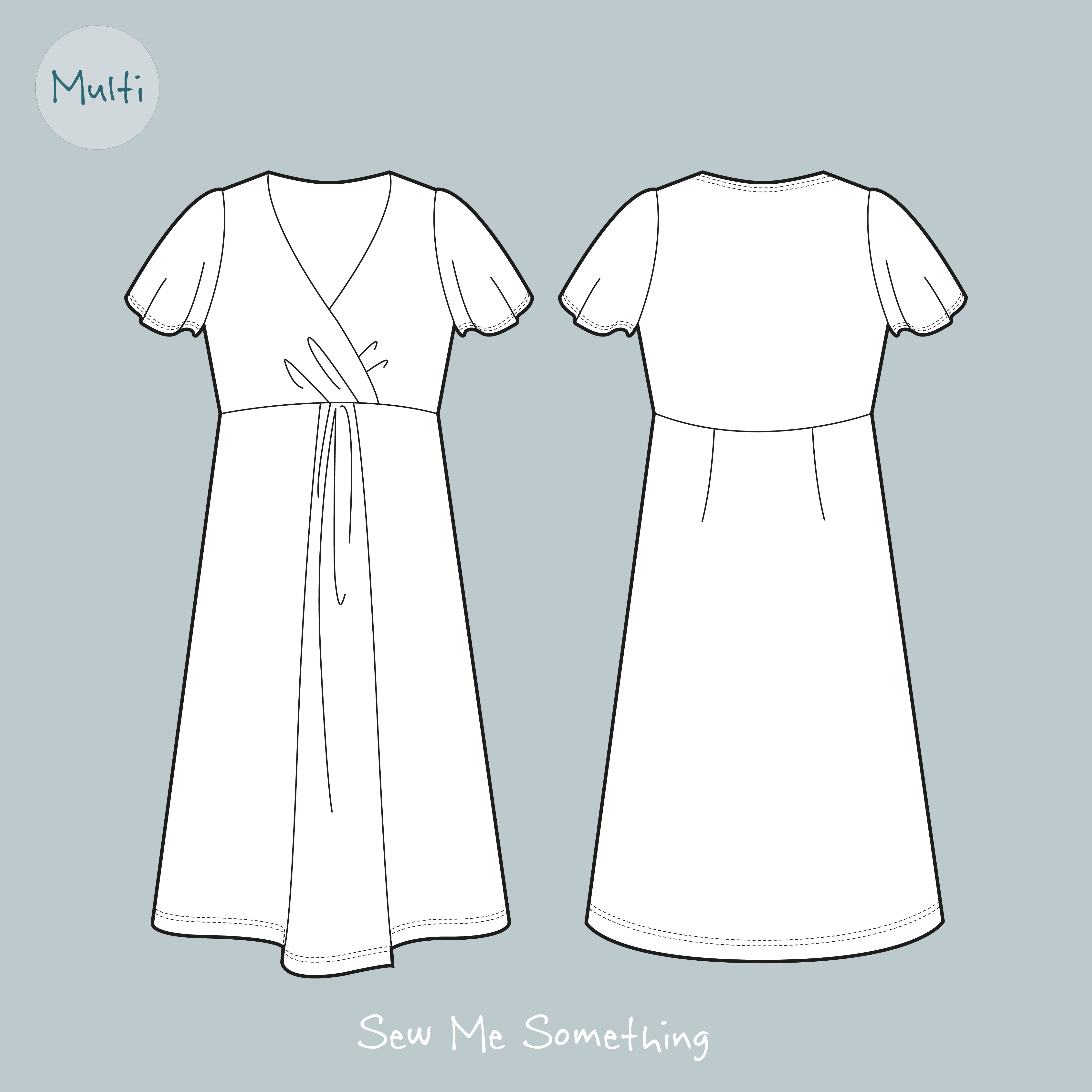 Cordelia Dress Sewing Pattern showing front and back aspect (short sleeves)