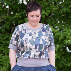 Lady Wearing The Regan Sewing Pattern In A Blue Fabric