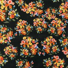 Floral Design on black background, summer terrace cotton lawn fabric
