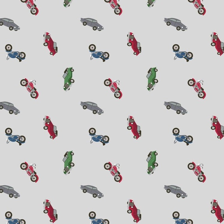 Lewis & Irene Cars and Motorcycles on Light Grey Fabric